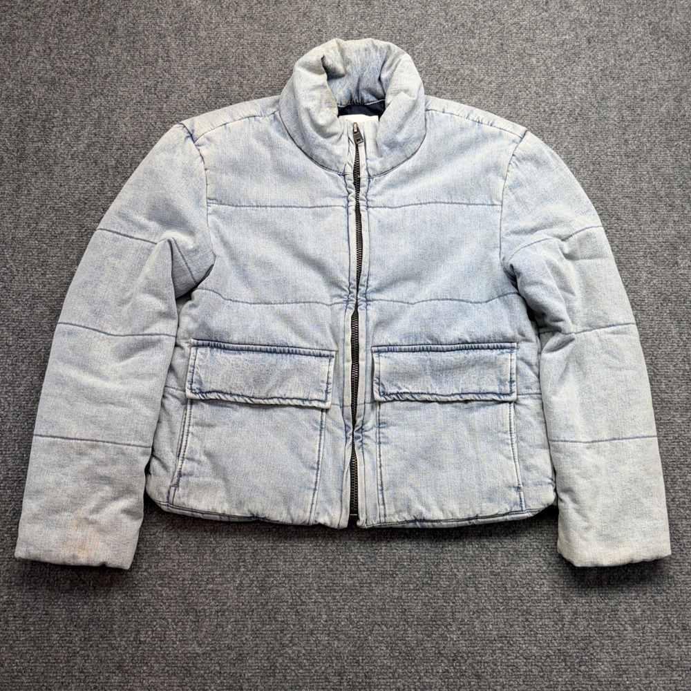 KanCan Los Angeles Women Light Wash Denim Puffer Jacket Quilted Zip Up Small